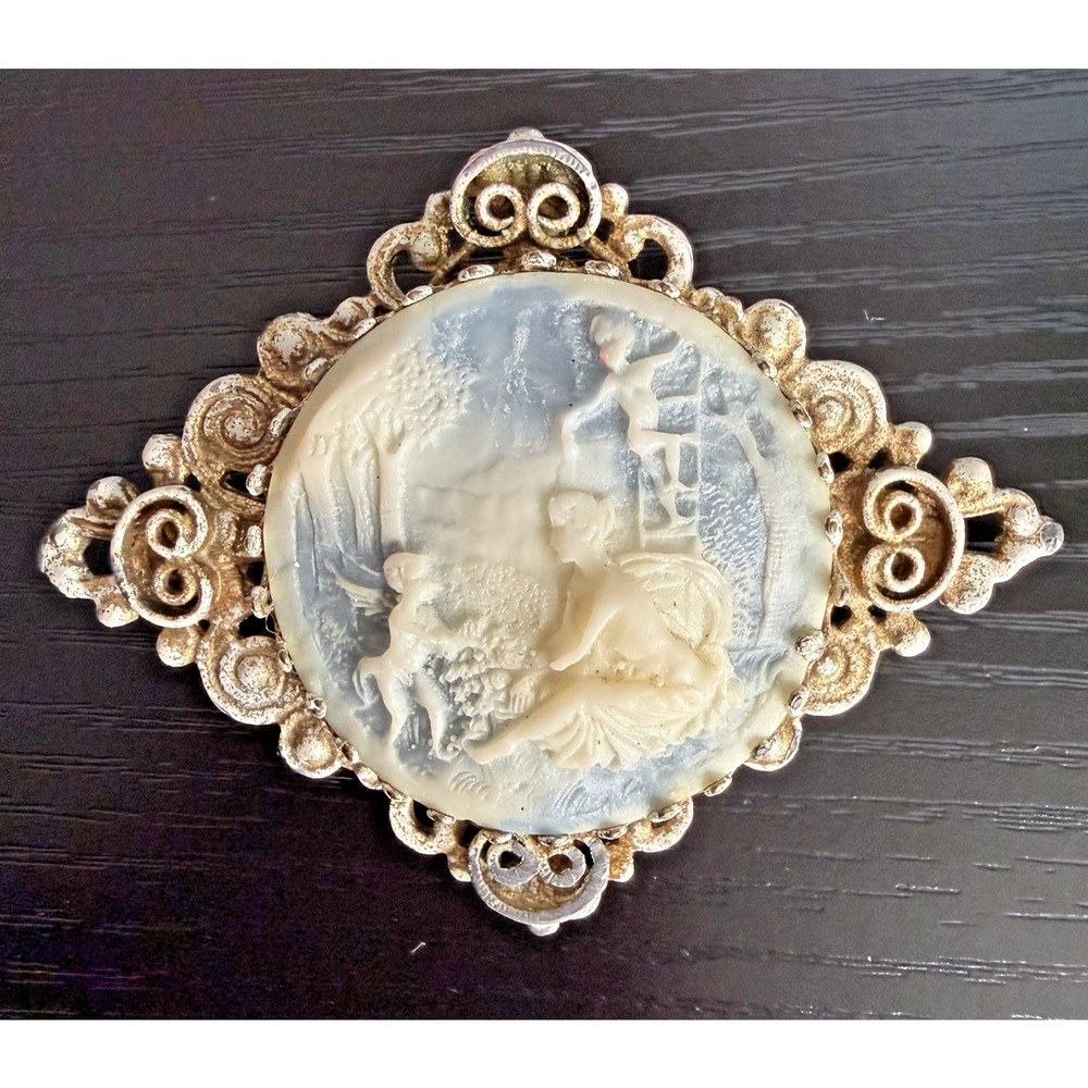 Vintage Cameo Brooch Classical Scene Woman Cherub Ornate Gold Tone Pin